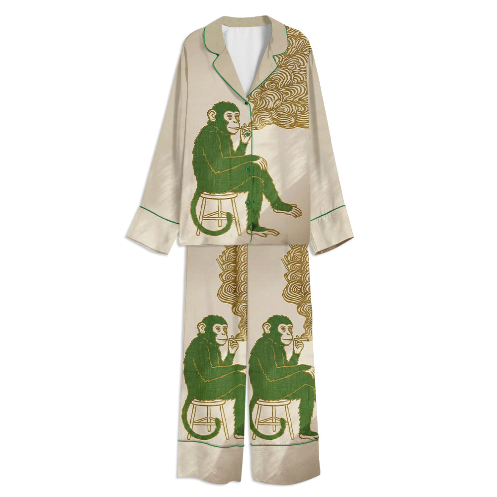 Cigarette Smoking Monkey Unisex Long Sleeve Satin Pajama Set