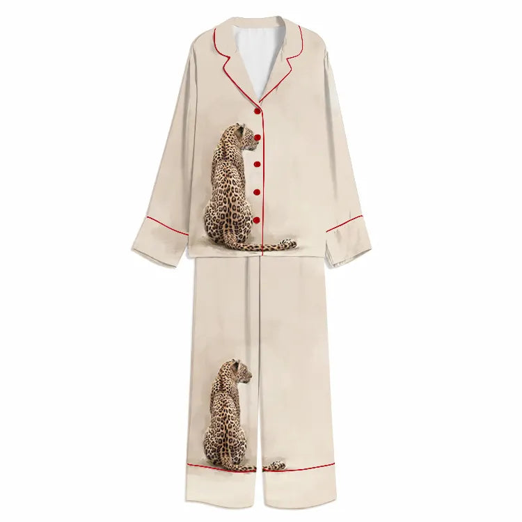 Tokyo-Mood Seated Leopard Portrait Cream Unisex Long Sleeve Silky Satin Pajama Set