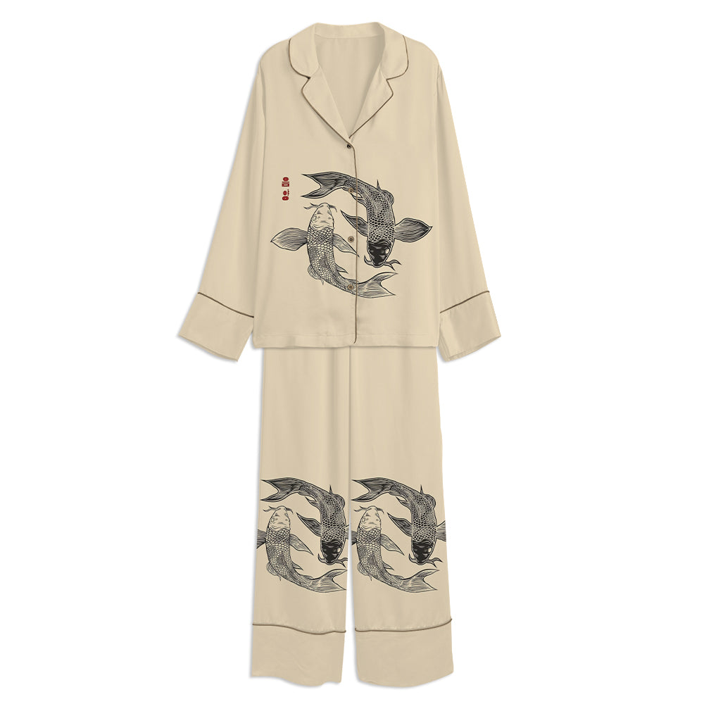Koi Fish Yin Yang Unisex Long Sleeve Satin Pajama Set