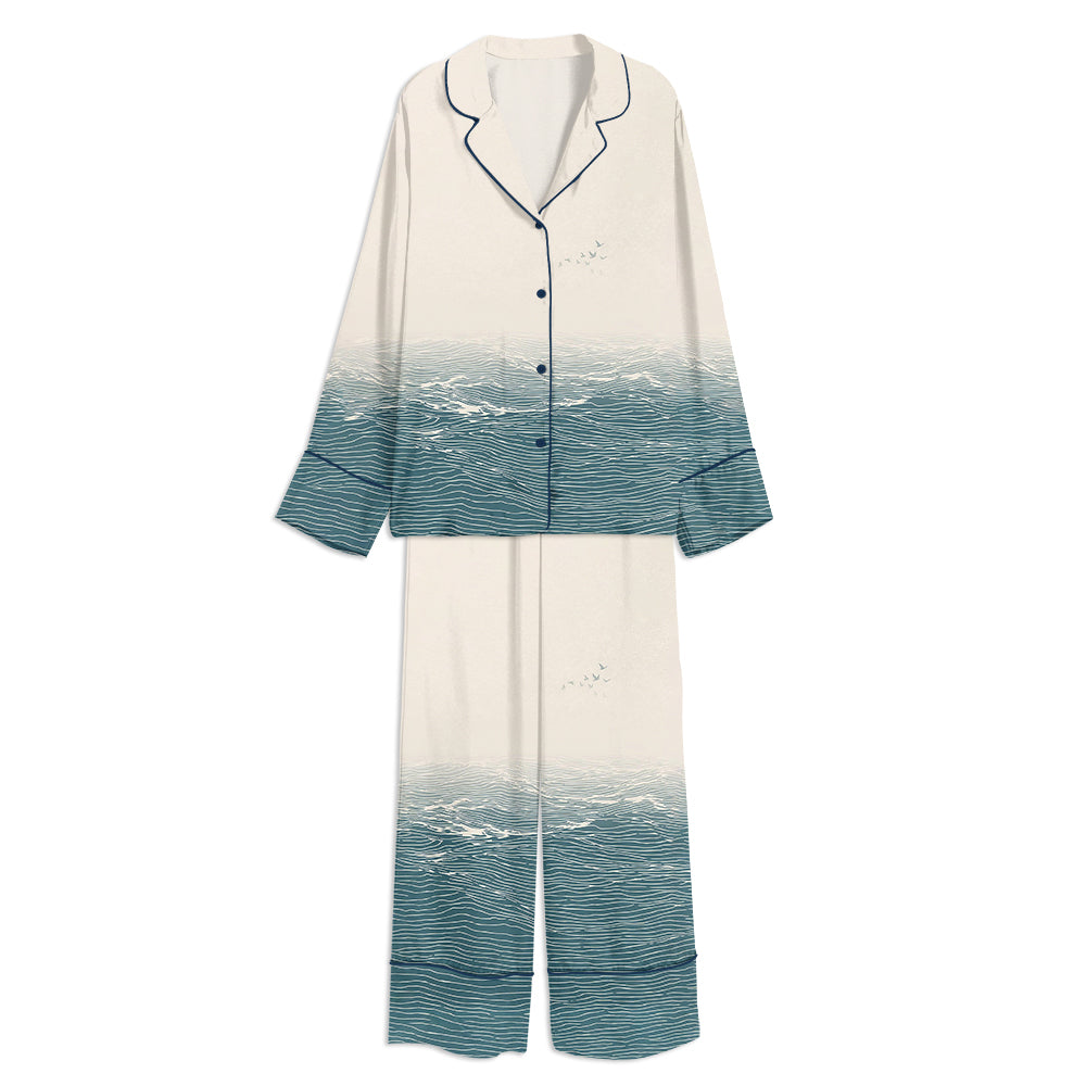 Out At Sea Japanese Waves Unisex Long Sleeve Satin Pajama Set
