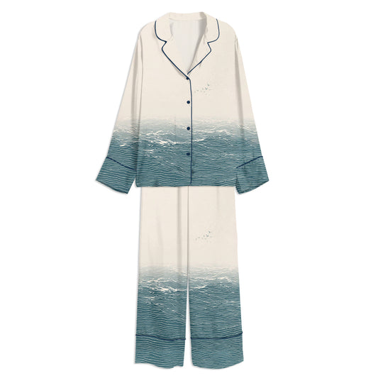 Out At Sea Japanese Waves Unisex Long Sleeve Satin Pajama Set