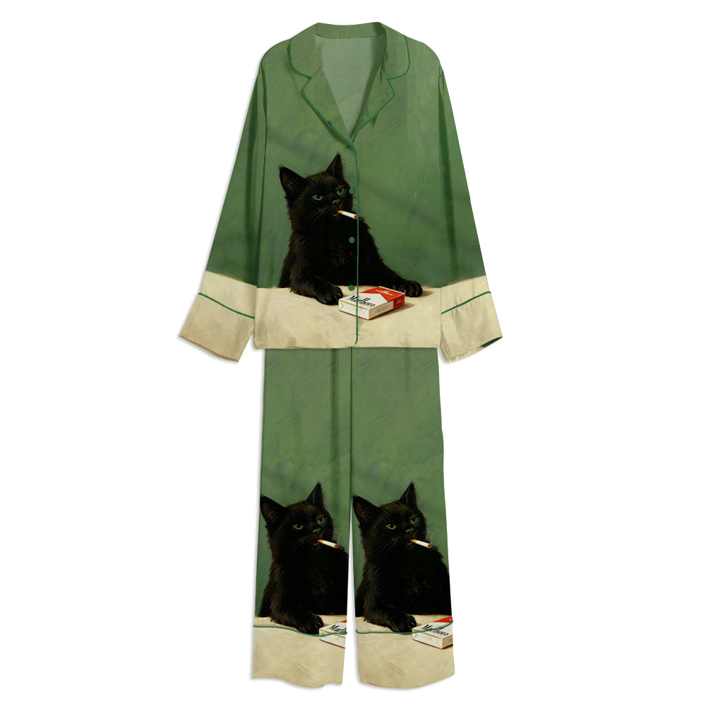 Vintage Smoking Cat Art Unisex Long Sleeve Satin Pajama Set