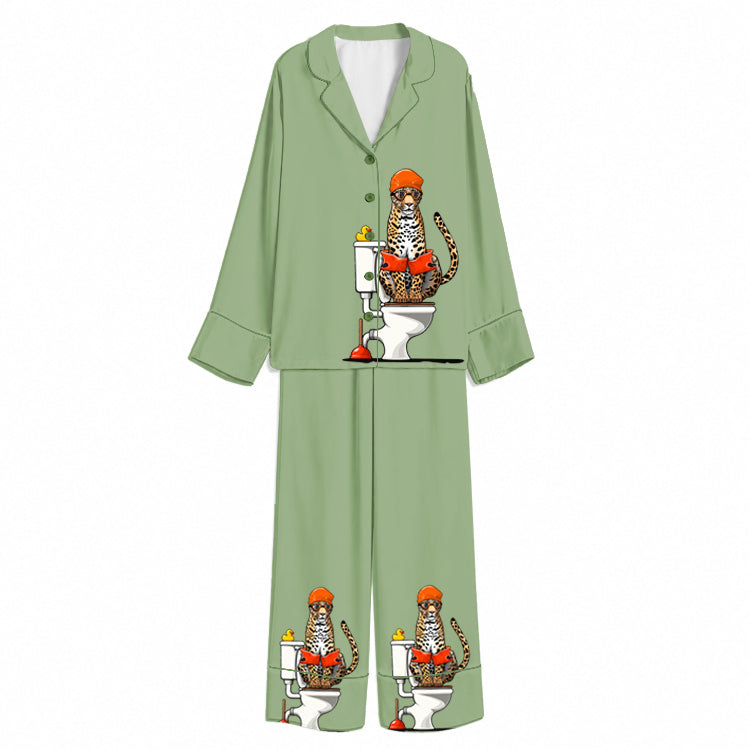 Tokyo-Mood Bathroom Reader Leopard Sage Green Unisex Long Sleeve Silky Satin Pajama Set