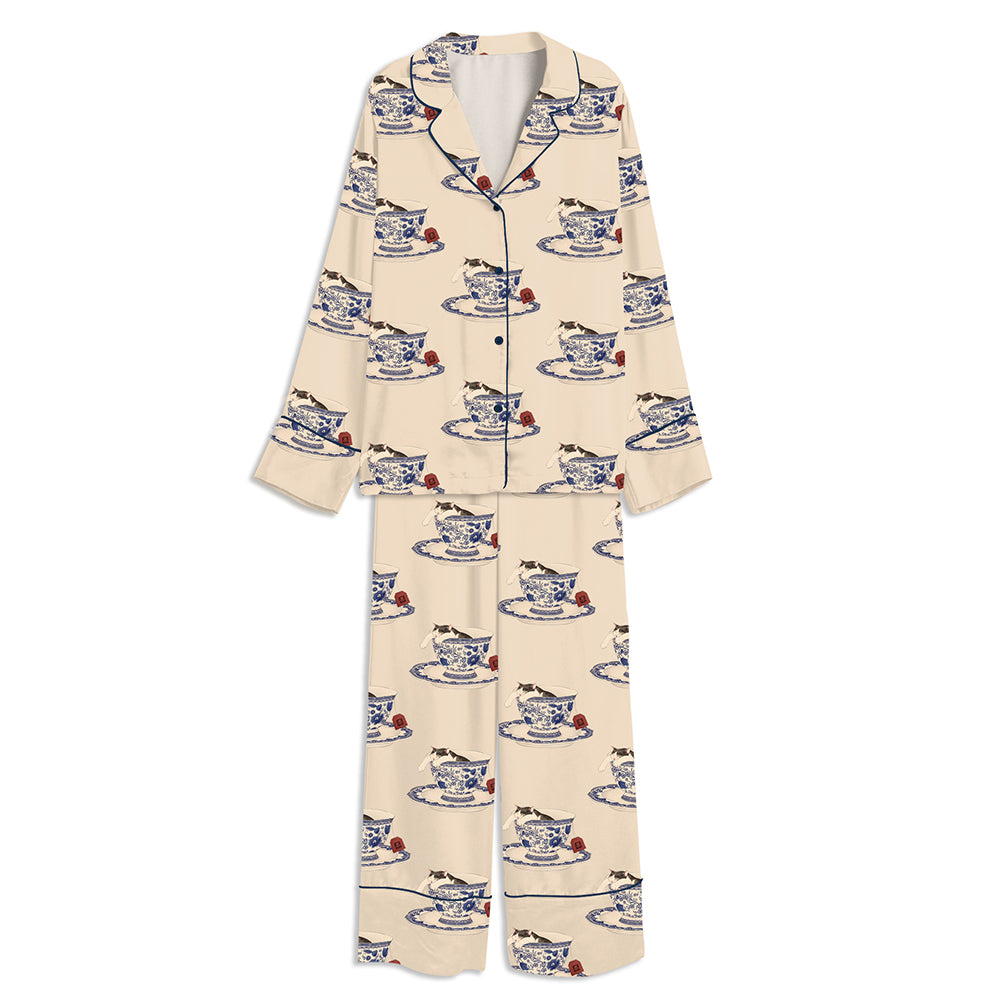 Japanese Cat In Tea Unisex Long Sleeve Satin Pajama Set
