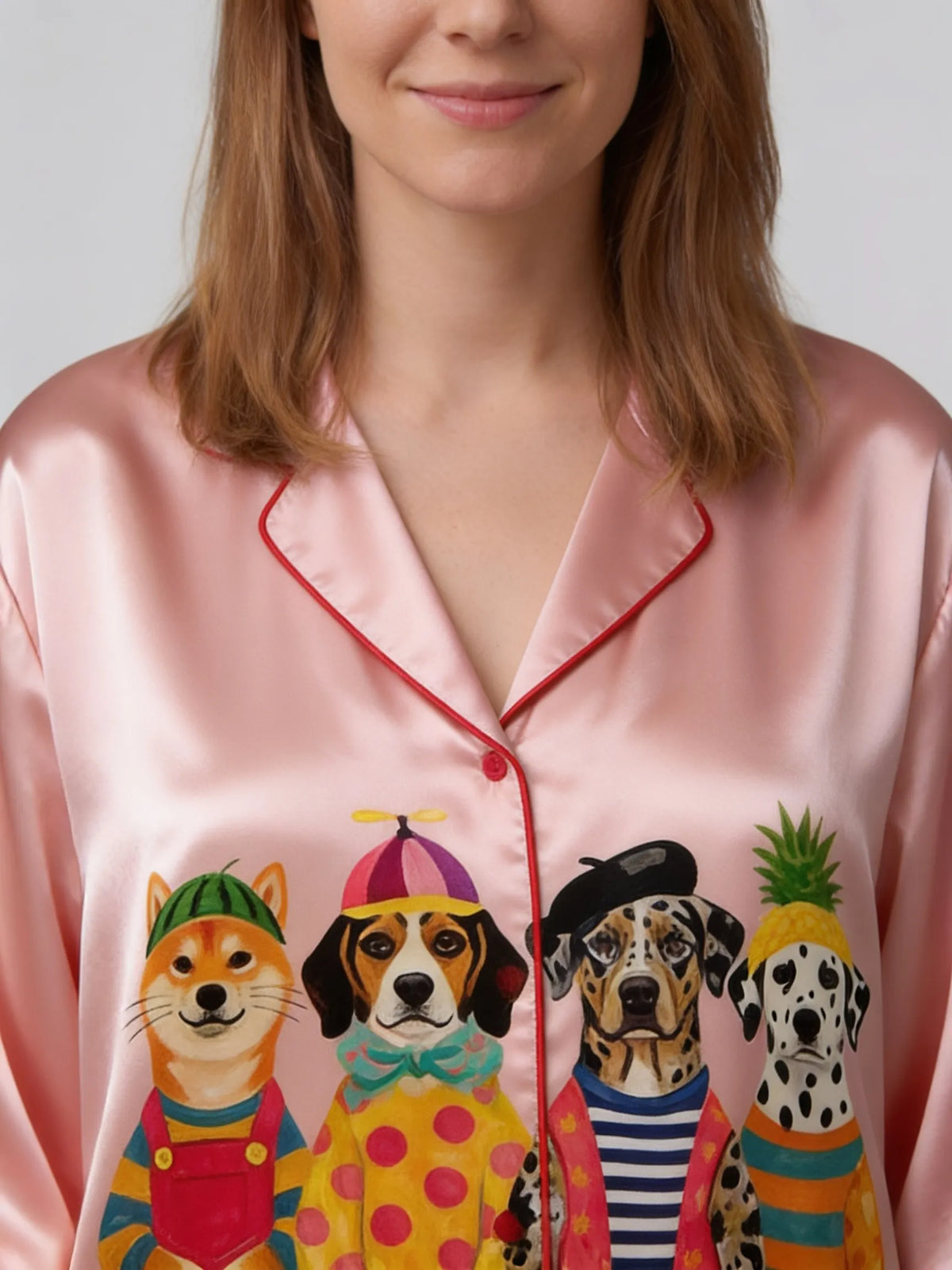 Tokyo-mood Colorful Dogs Funky Dog With Hat Unisex Long Sleeve Silky Satin Pajama Set