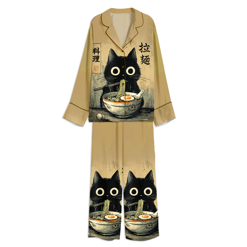 Kawaii Ramen Cat Retro Japanese Noodles Unisex Long Sleeve Satin Pajama Set