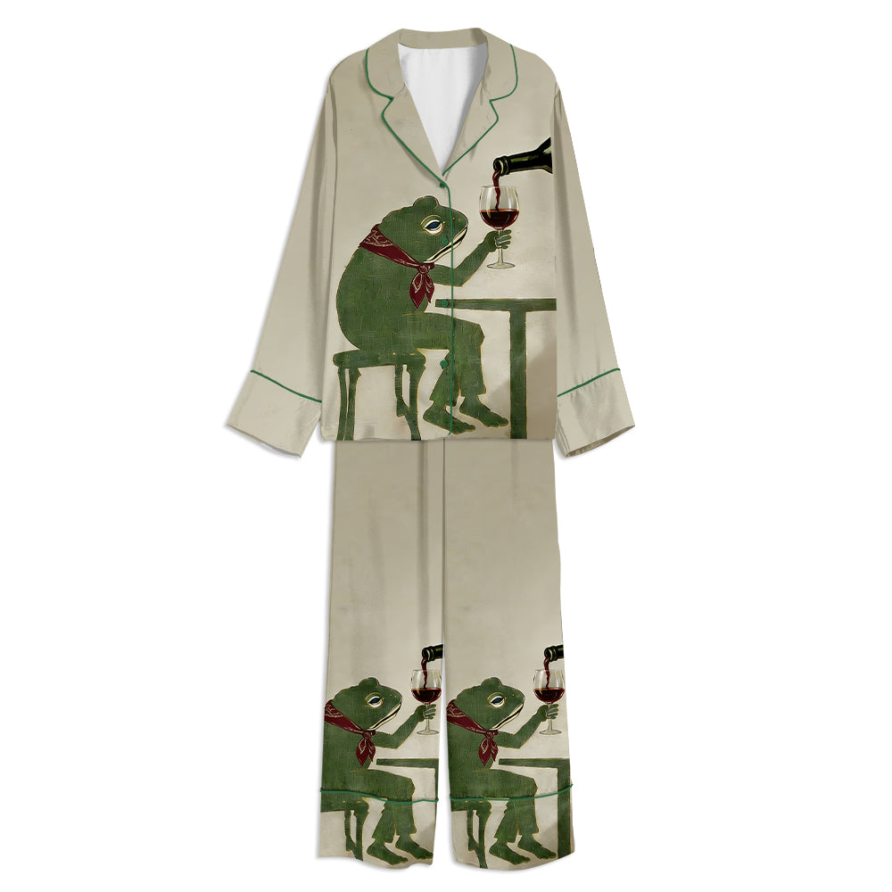 Frog With Wine Glass Unisex Long Sleeve Satin Pajama Set