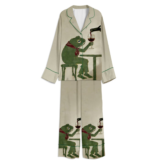 Frog With Wine Glass Unisex Long Sleeve Satin Pajama Set
