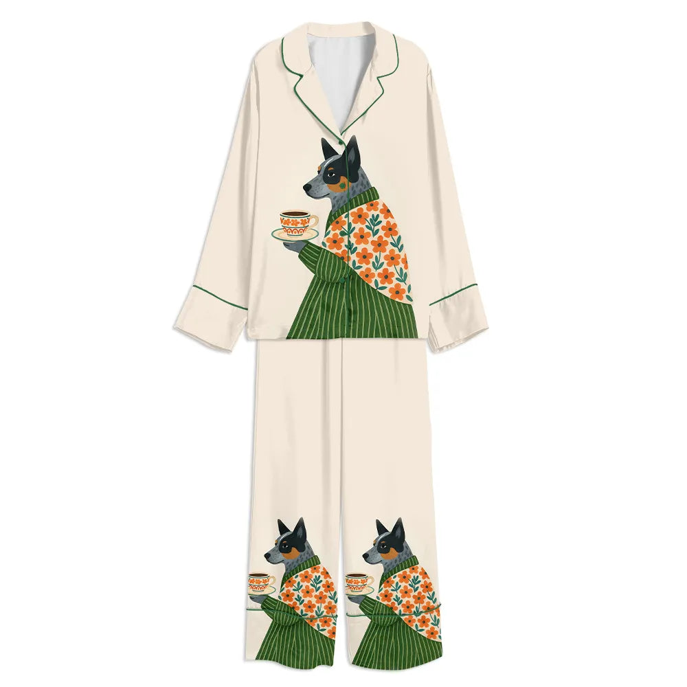 Tokyo-mood Cattle Dog With Coffee Unisex Long Sleeve Silky Satin Pajama Set