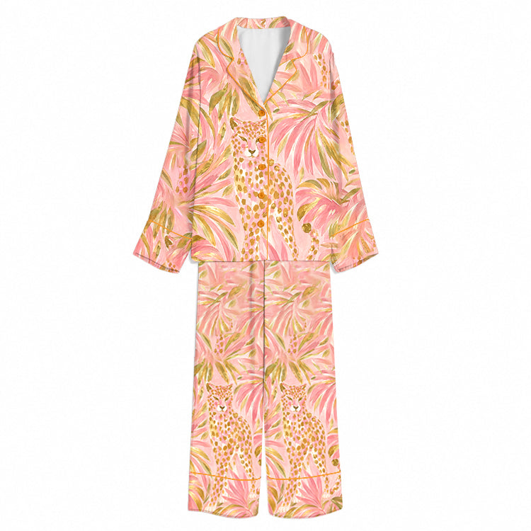 Tokyo-Mood Tropical Leopard Palm Print Blush Pink Unisex Long Sleeve Silky Satin Pajama Set