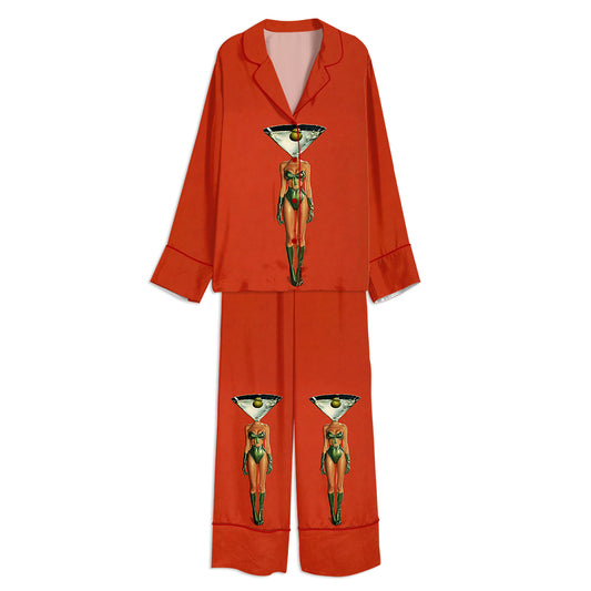 Tokyo-mood Dirty Martini Cocktail Retro Bar Cart Art Unisex Long Sleeve Silky Satin Pajama Set