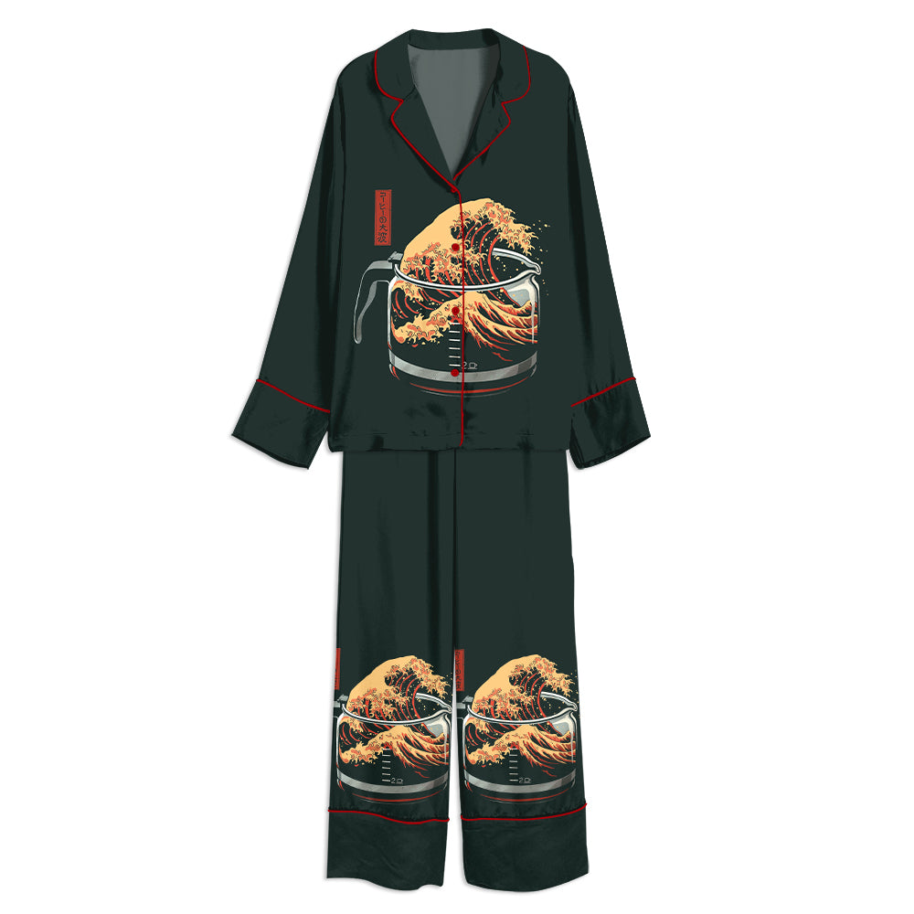 Japanese Coffee Wave Art Unisex Long Sleeve Satin Pajama Set
