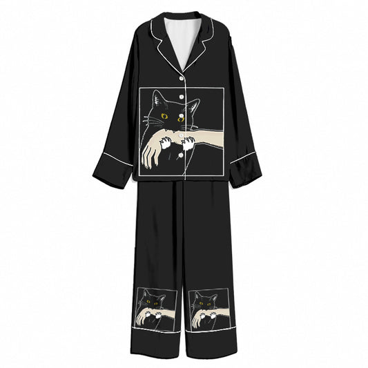Tokyo-Mood Playful Arm-Hugging Black Cat Black Unisex Long Sleeve Silky Satin Pajama Set