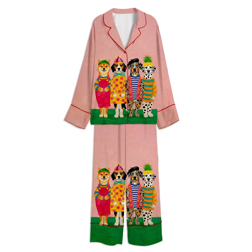 Tokyo-mood Colorful Dogs Funky Dog With Hat Unisex Long Sleeve Silky Satin Pajama Set