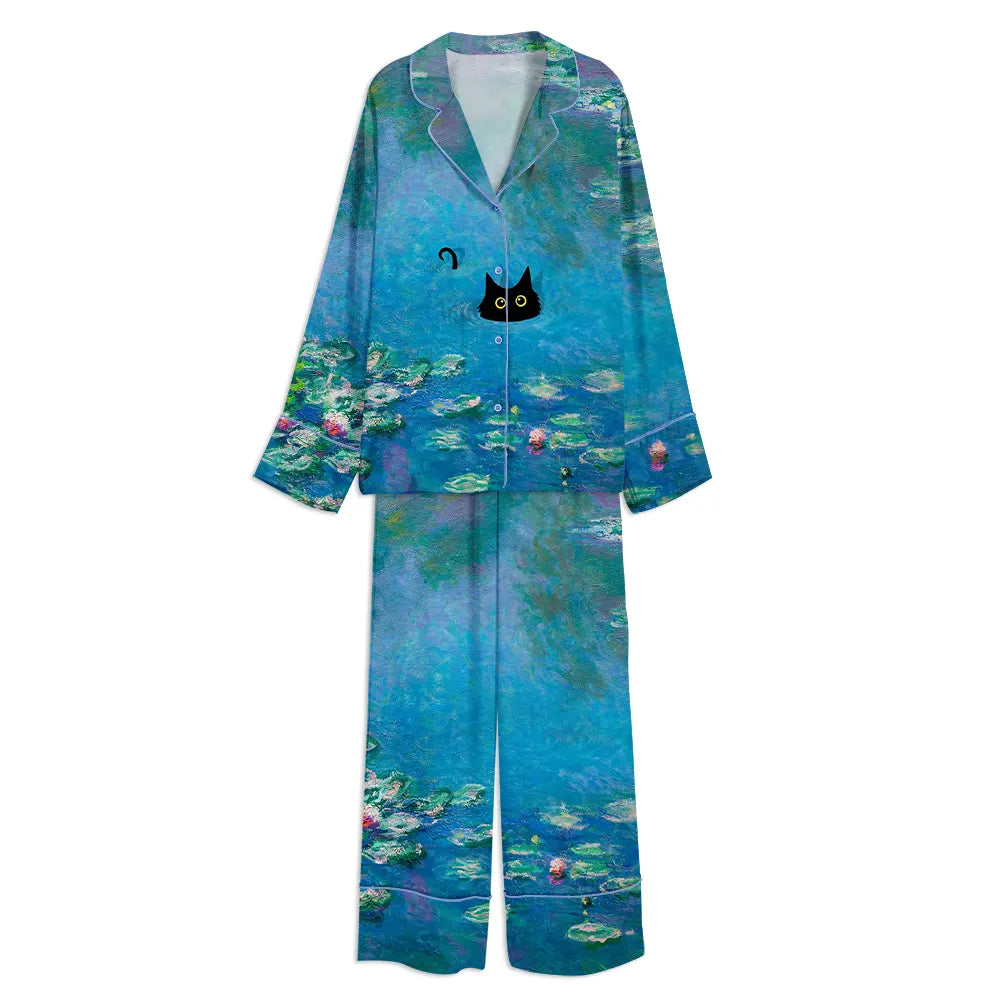 Monet Waterlily Cat Print Unisex Long Sleeve Satin Pajama Set