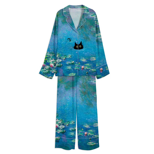 Monet Waterlily Cat Print Unisex Long Sleeve Satin Pajama Set