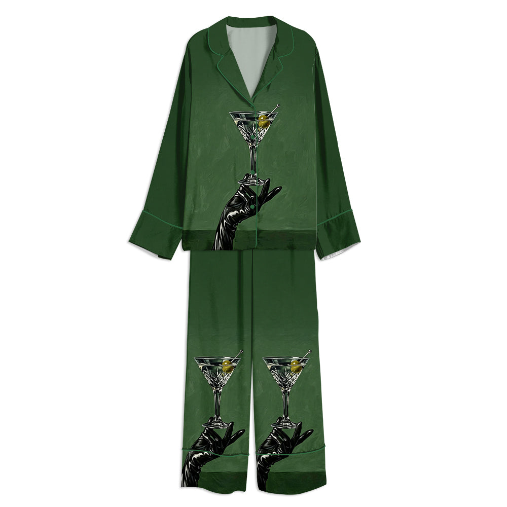 Tokyo-mood Black Latex Glove Martini Glass Unisex Long Sleeve Silky Satin Pajama Set