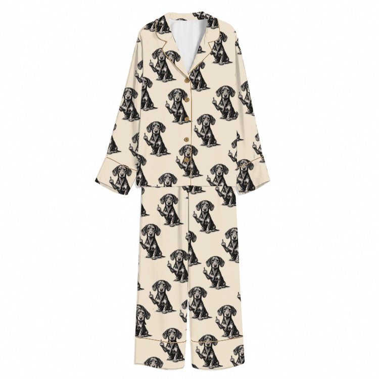 Tokyo-Mood Monochrome Rebellious Dachshund Unisex Long Sleeve Silky Satin Pajama Set