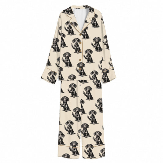 Tokyo-Mood Monochrome Rebellious Dachshund Unisex Long Sleeve Silky Satin Pajama Set