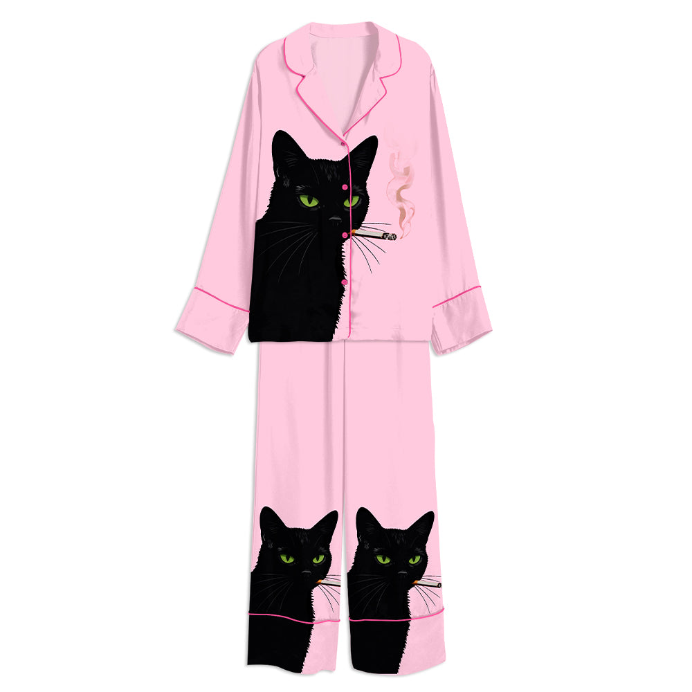 Vintage Black Cat Smoking Cat Art Unisex Long Sleeve Satin Pajama Set