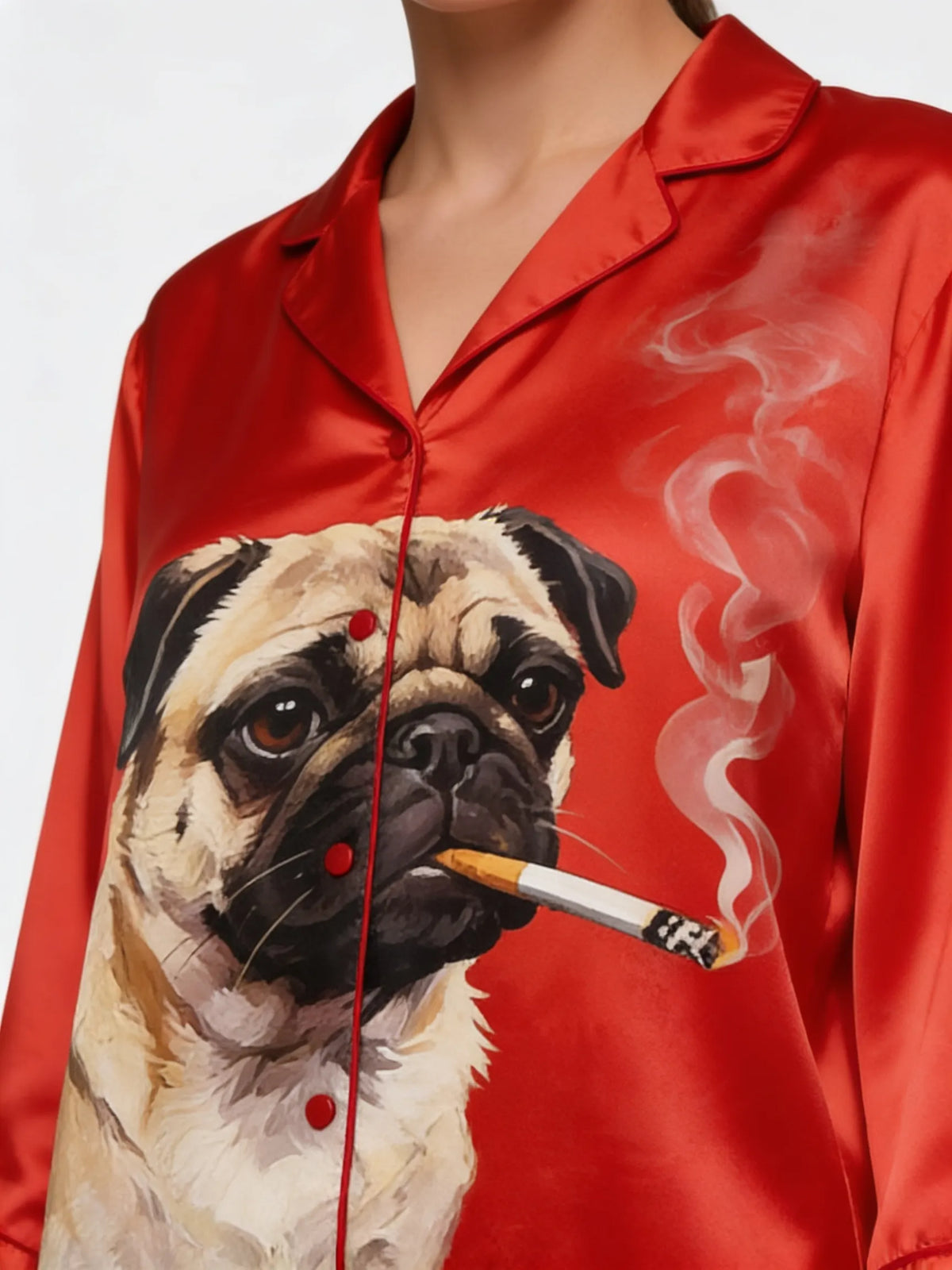 Tokyo-mood Funny Smoking Pug Dog Lovers Unisex Long Sleeve Silky Satin Pajama Set