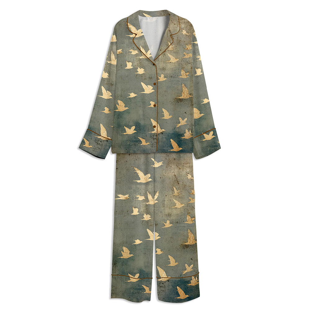 Flock Of Flying Birds Minimalist Spiritual Modern Japandi Abstract Art Unisex Long Sleeve Satin Pajama Set