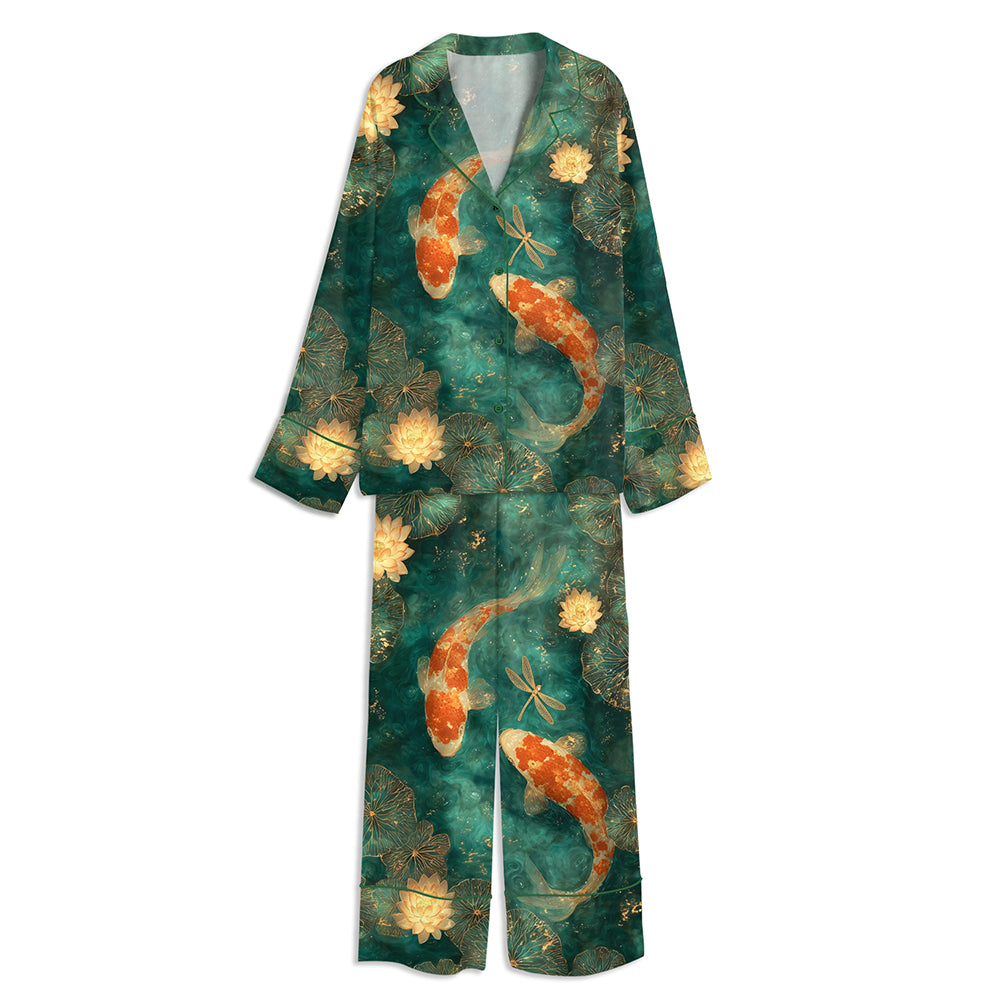 Koi Fish Japanese Pond Golden Lotus And Dragonfly Unisex Long Sleeve Satin Pajama Set