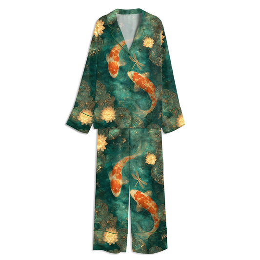 Koi Fish Japanese Pond Golden Lotus And Dragonfly Unisex Long Sleeve Satin Pajama Set