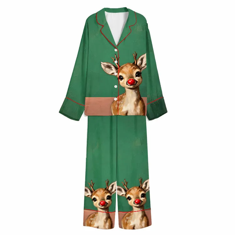 Tokyo-Mood Christmas Red-Nosed Reindeer Portrait Green Unisex Long Sleeve Silky Satin Pajama Set