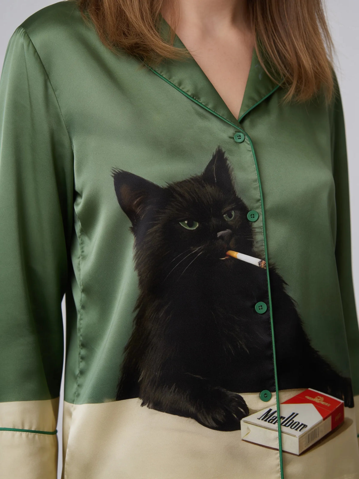 Vintage Smoking Cat Art Unisex Long Sleeve Satin Pajama Set