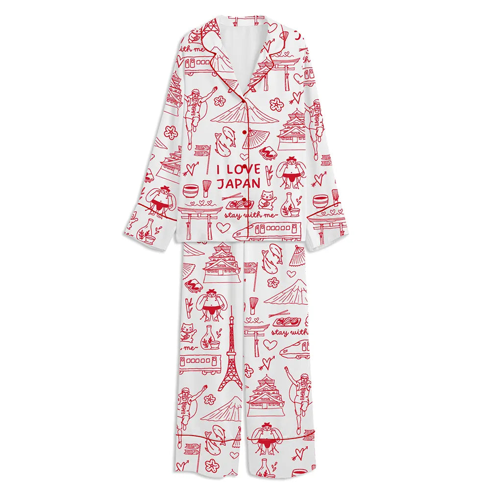 Kawaii Japan Doodle Unisex Long Sleeve Satin Pajama Set