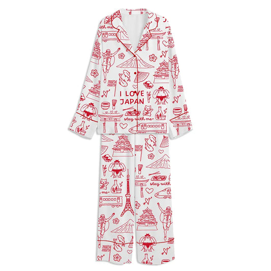 Kawaii Japan Doodle Unisex Long Sleeve Satin Pajama Set