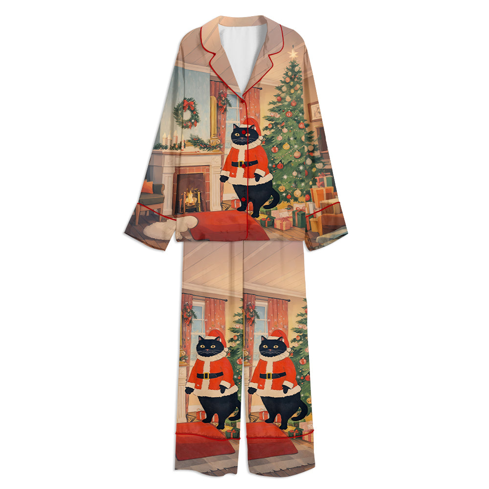 Black Cat Christmas Tree Santa Cat Unisex Long Sleeve Satin Pajama Set