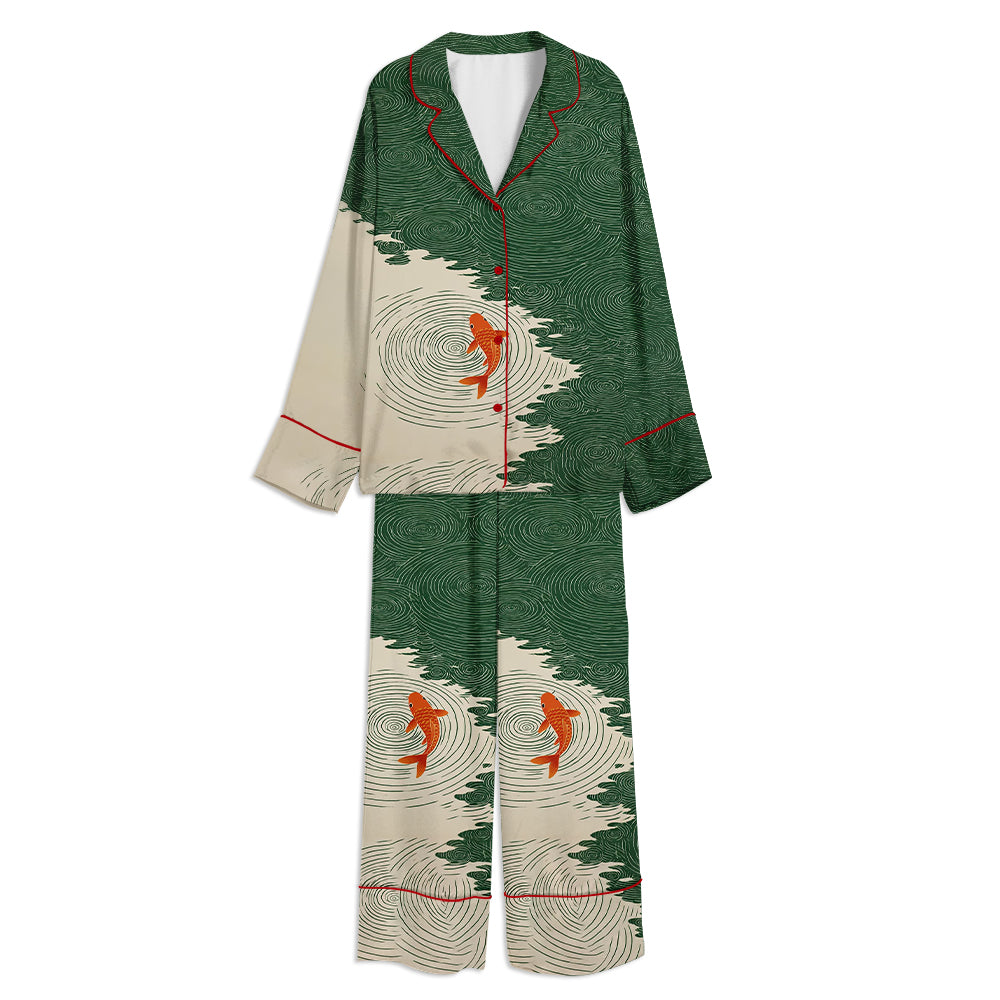 Tokyo-mood Minimal Green & Orange Zen Water Koi Fish Unisex Long Sleeve Silky Satin Pajama Set