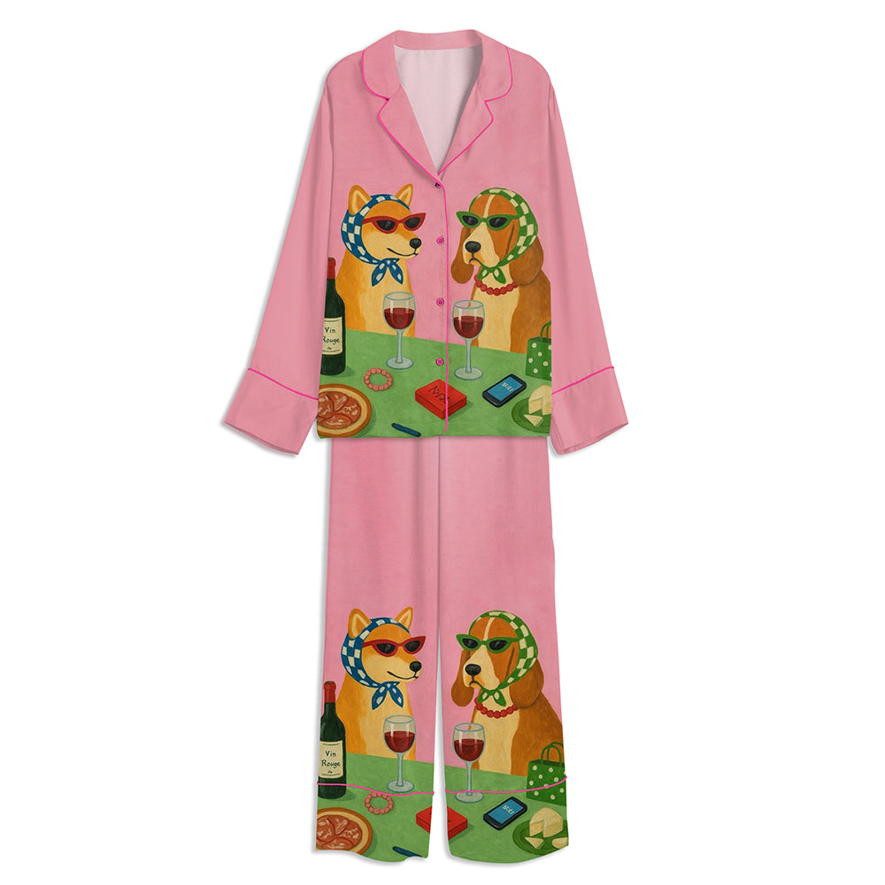 Stylish Dogs Drink Wine Unisex Long Sleeve Satin Pajama Set
