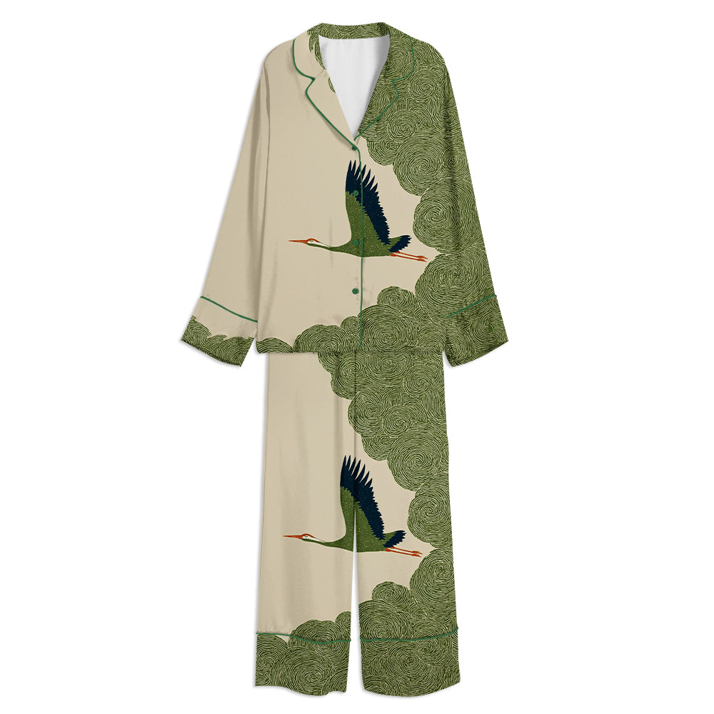 Japanese Crane In Swirling Cloud Skies Unisex Long Sleeve Satin Pajama Set