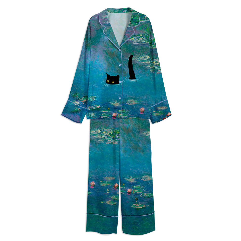 Cat Print Monet Waterlily Funny Unisex Long Sleeve Satin Pajama Set