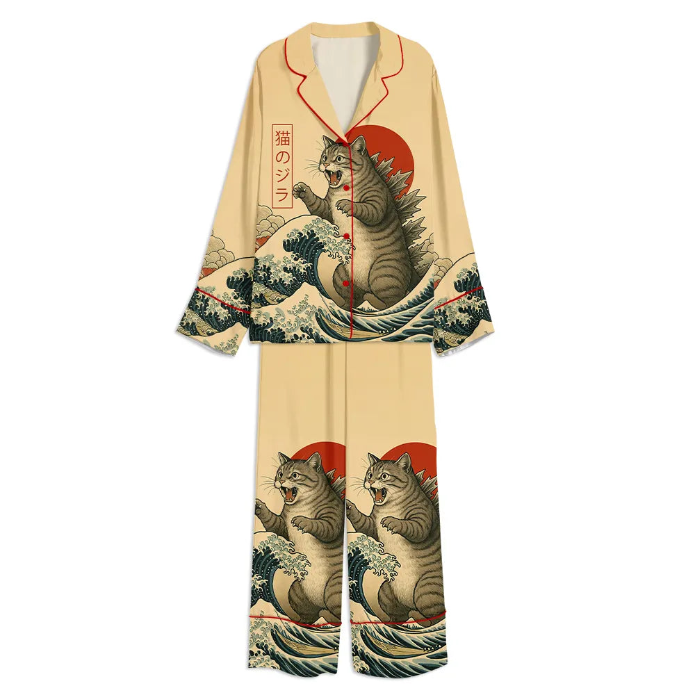 Catzilla Japanese Unisex Long Sleeve Satin Pajama Set