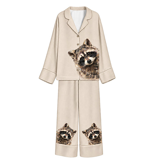 Tokyo-Mood Curious Raccoon Face Portrait Ivory Unisex Long Sleeve Silky Satin Pajama Set