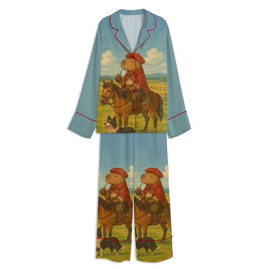 Capybara Rideing Horse Play With Dog Unisex Long Sleeve Satin Pajama Set