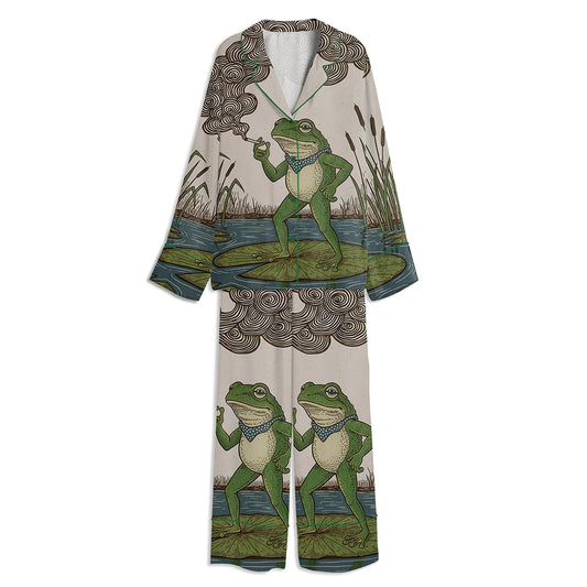 Vintage Frog Smoking A Cigarette Unisex Long Sleeve Satin Pajama Set