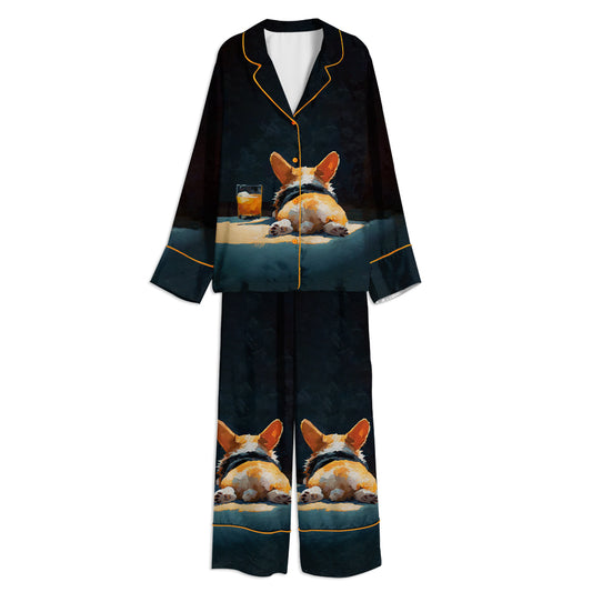Mini Corgi Dog Lovers And Pet Lovers Unisex Long Sleeve Satin Pajama Set