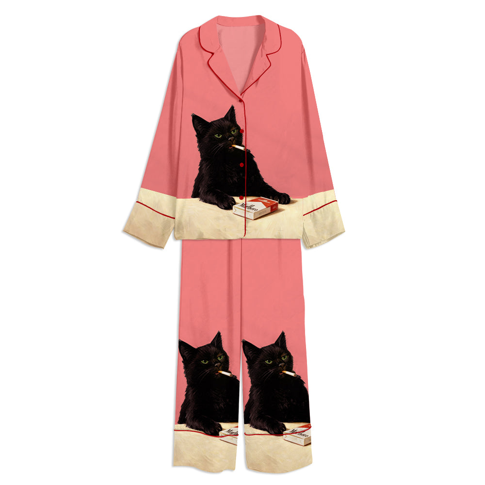 Tokyo-mood Vintage Smoking Cat Art Unisex Long Sleeve Silky Satin Pajama Set