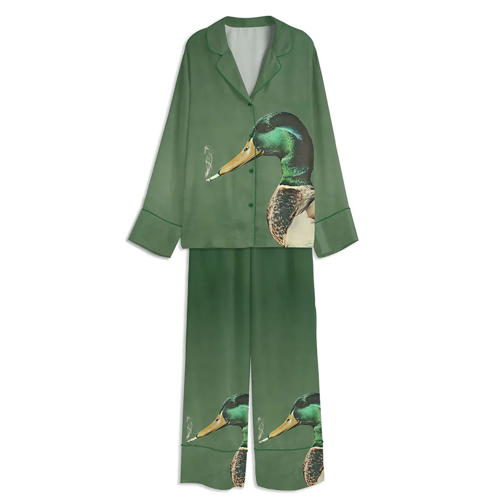 Mallard Smoking A Cigarette Funny Duck Unisex Long Sleeve Satin Pajama Set