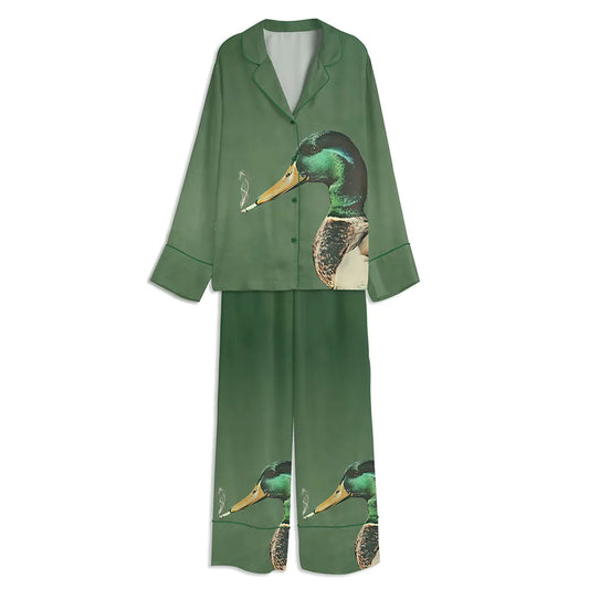 Mallard Smoking A Cigarette Funny Duck Unisex Long Sleeve Satin Pajama Set