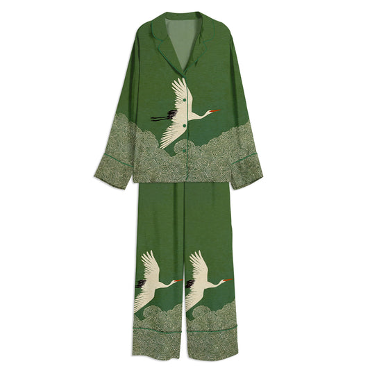 Japanese Crane In Swirling Cloud Skies Unisex Long Sleeve Satin Pajama Set