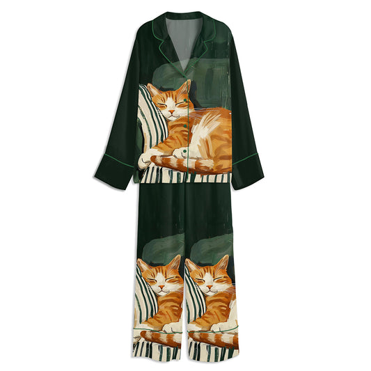 Sleeping Cat Stripe Kitten Unisex Long Sleeve Satin Pajama Set
