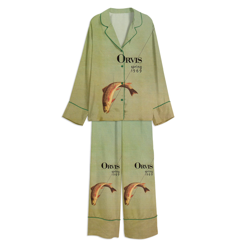 Trout Fly Fishing Print Vintage Unisex Long Sleeve Satin Pajama Set