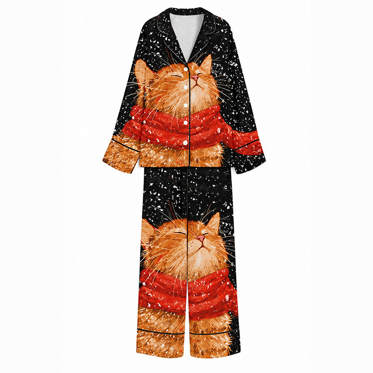 Tokyo-Mood Christmas Snowy Ginger Cat Red Scarf Unisex Long Sleeve Silky Satin Pajama Set