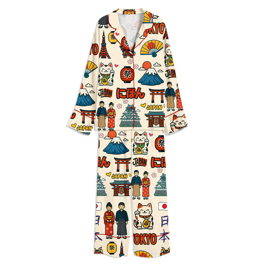 Japan Kawaii Food Japanese Landmarks Unisex Long Sleeve Satin Pajama Set